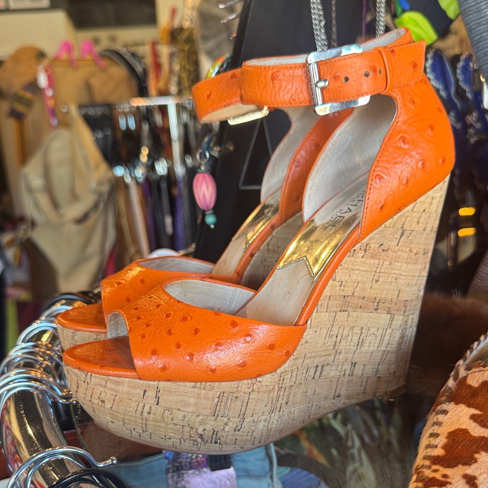 Michael Kors Orange Ostrich Leather Cork Wedge Sandals with Ankle Strap